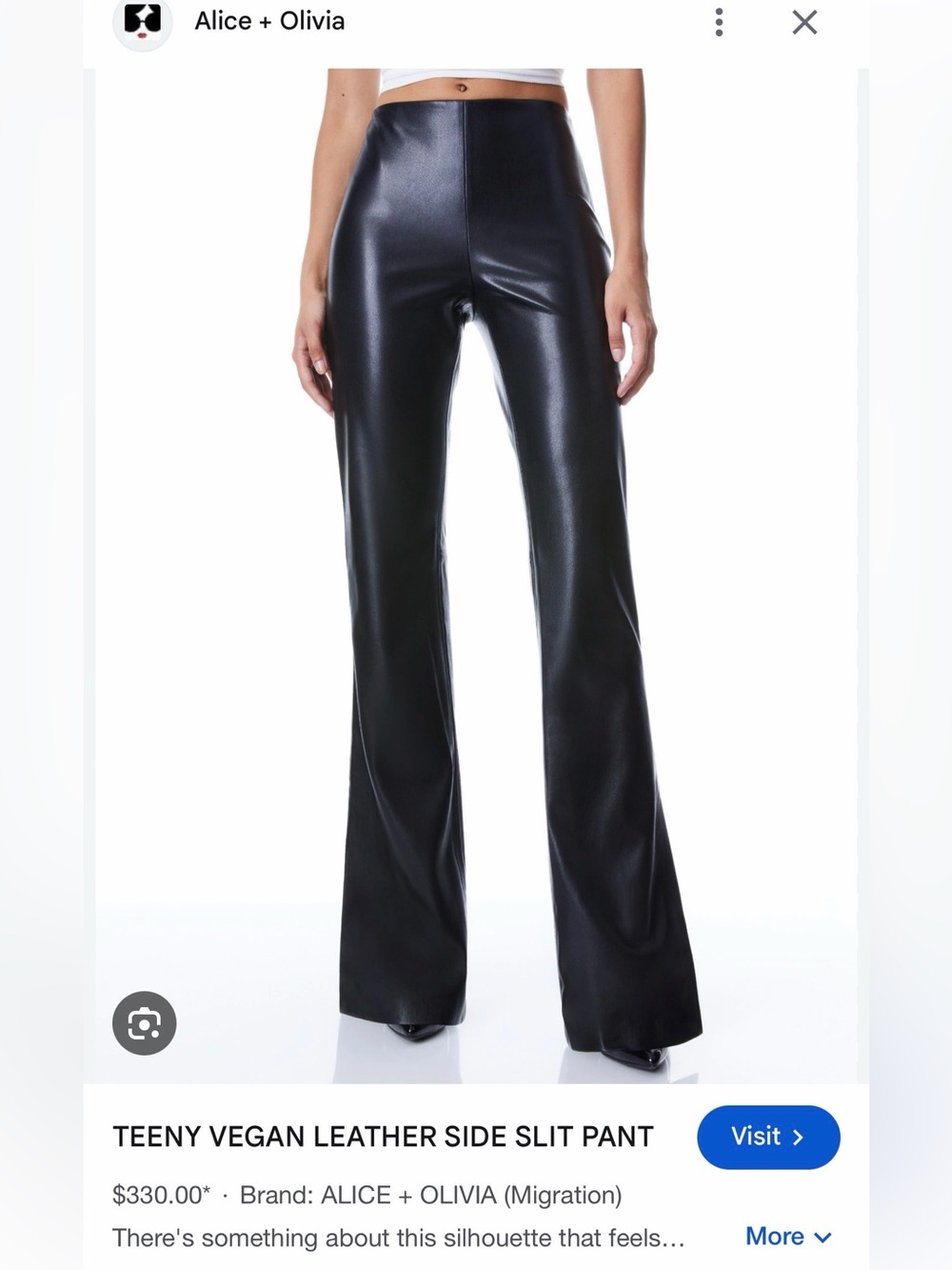 Alice + Olivia teeny Black Vegan Leather Boot-Cut Pants with Side Slit